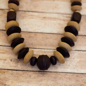 30 inch, Vintage Wooden Beige & Brown Discs Unique Beaded Necklace - XX9